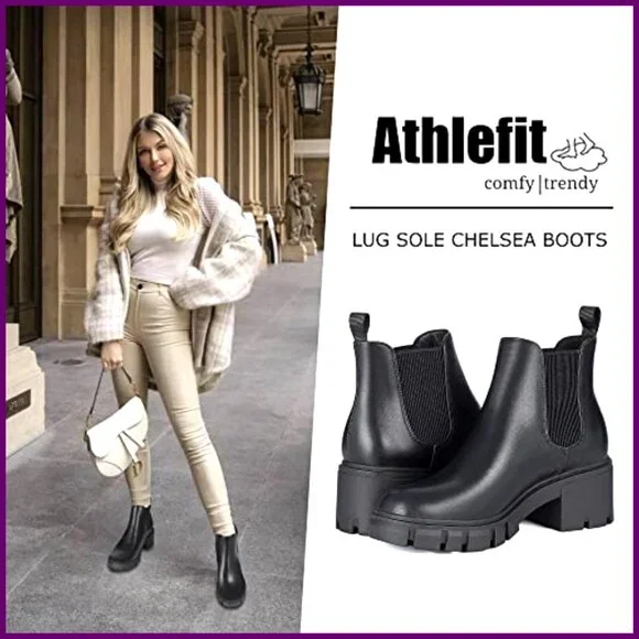 Women's Chelsea Boots Lug Sole Chunky Heel Slip On Elastic Ankle Booties